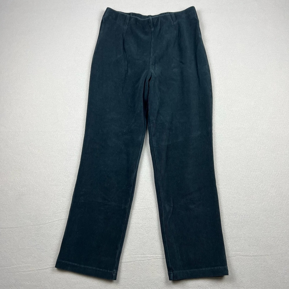 L.L. Bean Women M Petite Black Corduroy Pleated Straight Leg Pants Elastic Waist